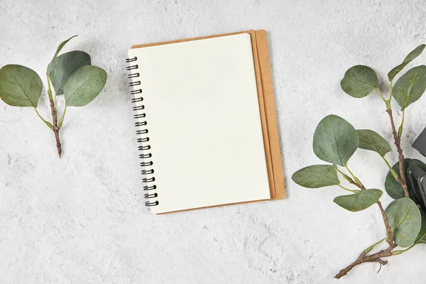 White blank note paper and big green tropical leaves on background. Flat lay. Top view. Copy space. — Stock Photo, Image