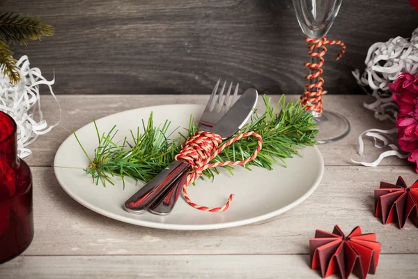 Weihnachtsteller und Tannenzweig — Stockfoto