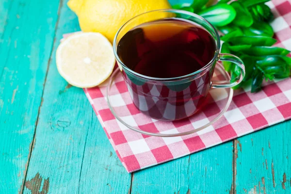 Cup of tea on blue — Stock Photo, Image