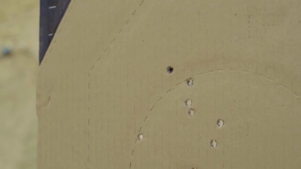 Shot holes in a cardboard target, close-up from the side — Stock Video