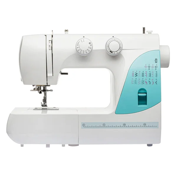 Sewing Machine Sewing Clothes Fabric White Isolated Background Front View — Stock Photo, Image