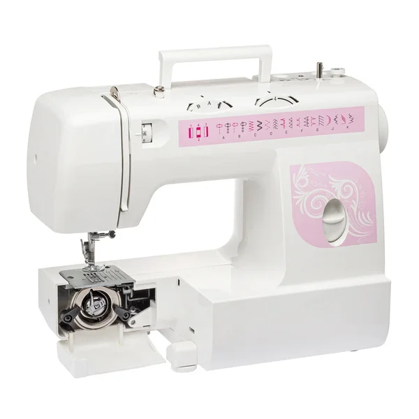 Sewing Machine Sewing Clothes Fabric White Isolated Background Front View — Stock Photo, Image