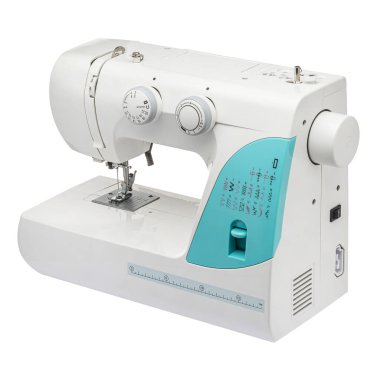 Sewing machine for sewing clothes from fabric on a white isolated background. Front view clipart