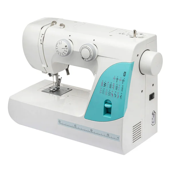 Sewing Machine Sewing Clothes Fabric White Isolated Background Front View — Stock Photo, Image