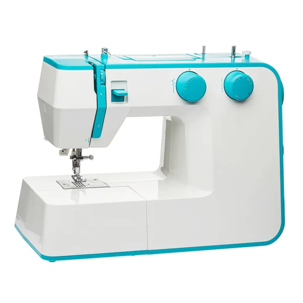 Sewing Machine Sewing Clothes Fabric White Isolated Background Front View — Stock Photo, Image