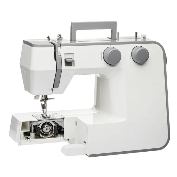 Sewing Machine Sewing Clothes Fabric White Isolated Background Front View — Stock Photo, Image