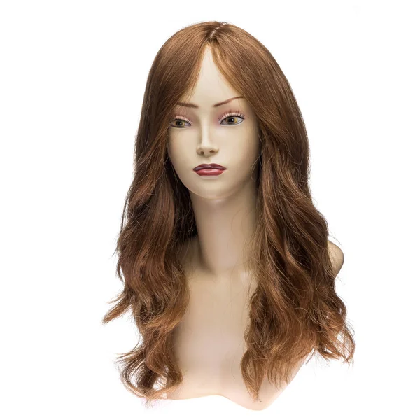 Human Hair Wig Mannequin Front View Brunette Wavy Hair Stock Photo