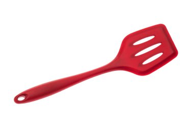 Red plastic kitchen tool with wooden handle for cooking