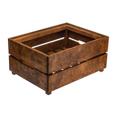 Mal ve ürünleri depolamak ve taşımak için kahverengi ahşap bir kutu. Beyaz izole arkaplan