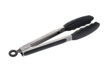 Yemek hazırlamak için mutfak aleti. Tahta saplı. Siyah. Beyaz izole arkaplan.