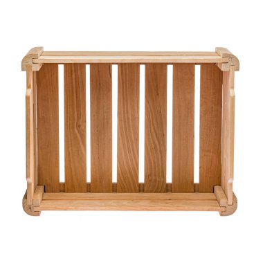 Mal ve ürünleri depolamak ve taşımak için kahverengi ahşap bir kutu. Beyaz izole arkaplan