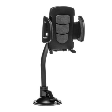 Cep telefonu ve akıllı telefon için siyah vanilyalı araba tutacağı. Beyaz izole arkaplan