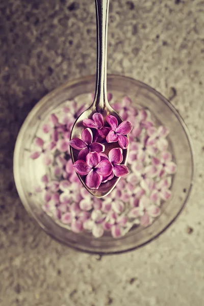 Lilac flowers in spoon — Stock Photo, Image