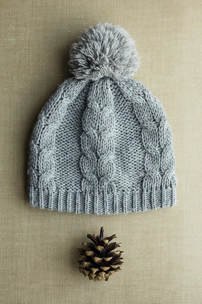 Sombrero gris de punto y cono de pino — Foto de Stock