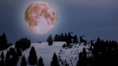 Noel Baba 'nın dağ gecesinde ren geyikleriyle uçtuğu sahne animasyonu, düz çizgi film.