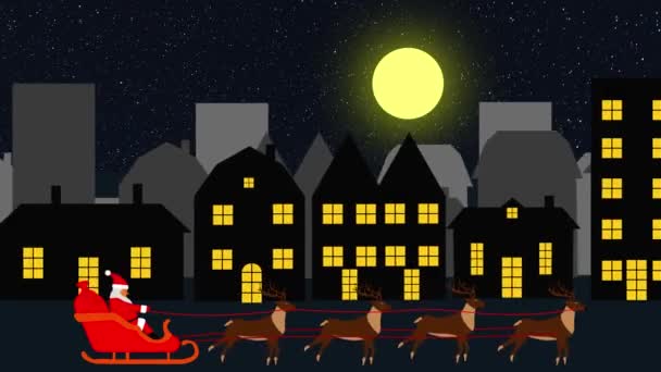圣诞背景场景动画与圣诞老人与驯鹿一起在城市的夜晚 卡通平面 无缝回圈 — 图库视频影像