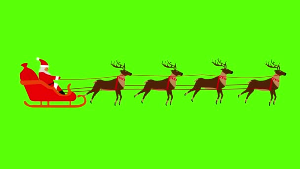 Weihnachtsmann Von Rentieren Auf Grünem Bildschirm Gezogen Chroma Schlüssel Flache — Stockvideo