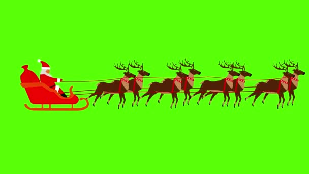 圣诞老人由驯鹿拉动在绿色屏幕上的彩色键平面动画 无缝回圈 — 图库视频影像