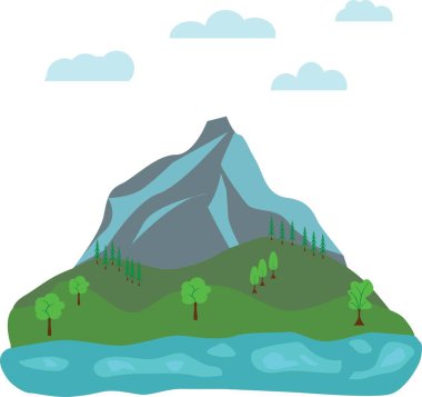 Dağ, yeşil alan ve göl ile düz doğa manzarası tasarımı