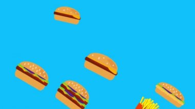 Fast food burger ve patates animasyonu mavi ekran kroma anahtarında