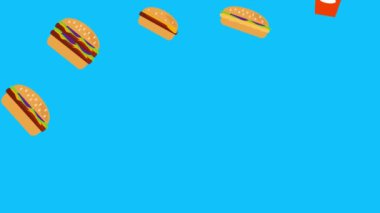 Fast food burger ve patates animasyonu mavi ekran kroma anahtarında