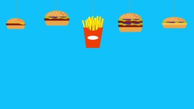Fast food burger ve patates animasyonu mavi ekran kroma anahtarında