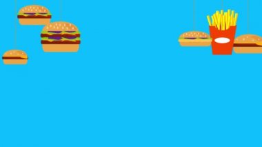 Fast food burger ve patates animasyonu mavi ekran kroma anahtarında