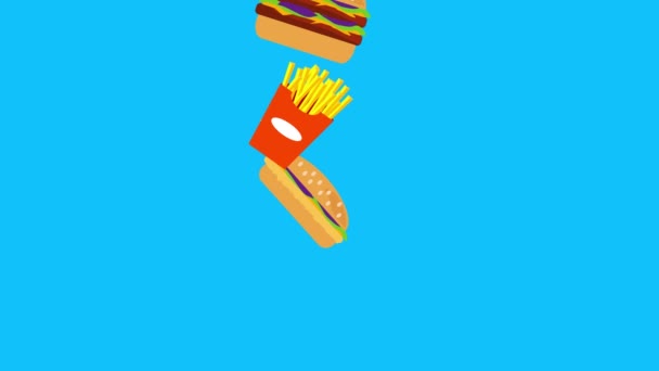 Fast Food Burger Potato Animation Blue Screen Chroma Key — Stock Video