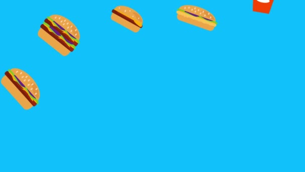 青い画面でのファーストフードバーガーとポテトアニメーションクロマキー — ストック動画