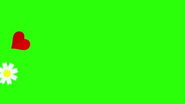 Düz çiçekler ve kalpler animasyon grafik elementleri yeşil ekran krom anahtarı üzerinde