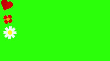 Düz çiçekler ve kalpler animasyon grafik elementleri yeşil ekran krom anahtarı üzerinde