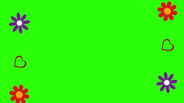 Düz çiçekler ve kalpler animasyon grafik elementleri yeşil ekran krom anahtarı üzerinde