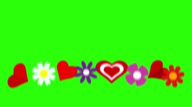 Düz çiçekler ve kalpler animasyon grafik elementleri yeşil ekran krom anahtarı üzerinde