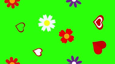 Düz çiçekler ve kalpler animasyon grafik elementleri yeşil ekran krom anahtarı üzerinde