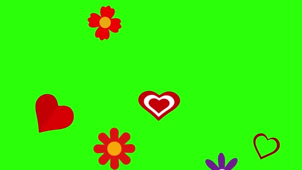 Плоскі Квіти Сердечка Анімації Графічні Елементи Зеленому Екрані Хром Ключ — стокове відео