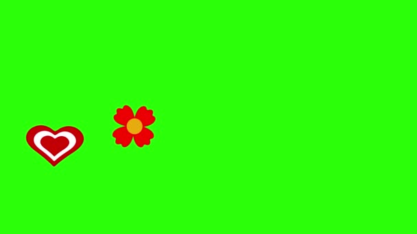 Flores Planas Corazones Elementos Gráficos Animación Pantalla Verde Croma Clave — Vídeos de Stock