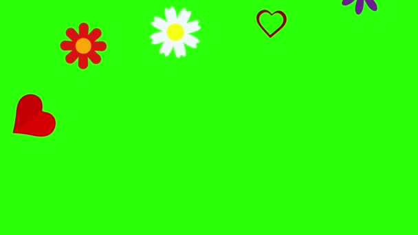 Ploché Květiny Srdce Animace Grafické Prvky Zelené Obrazovce Chroma — Stock video