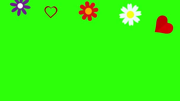 Flores Planas Corazones Elementos Gráficos Animación Pantalla Verde Croma Clave — Vídeos de Stock