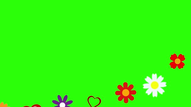 Kwiaty Płaskie Serca Animacja Elementy Graficzne Zielonym Ekranie Chroma Klucz — Wideo stockowe