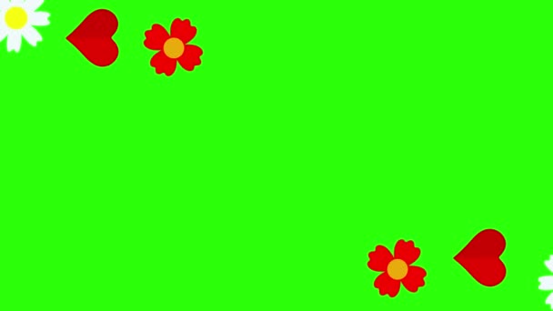 緑の画面上のフラット花や心のアニメーショングラフィック要素クロマキー — ストック動画