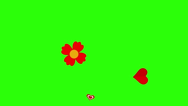 Плоскі Квіти Сердечка Анімації Графічні Елементи Зеленому Екрані Хром Ключ — стокове відео