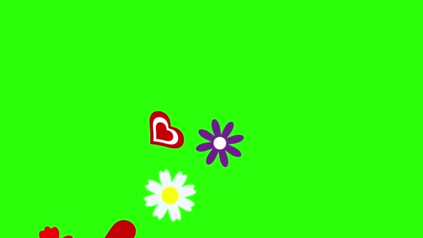 Ploché Květiny Srdce Animace Grafické Prvky Zelené Obrazovce Chroma — Stock video