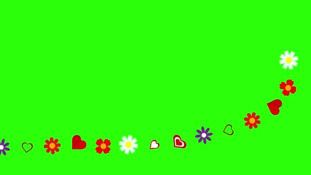 Flores Planas Corazones Elementos Gráficos Animación Pantalla Verde Croma Clave — Vídeo de stock