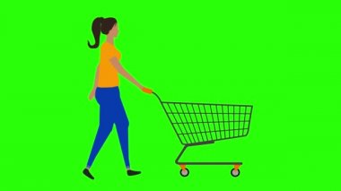 Yürüyen kadınlar kusursuz döngü, alışveriş arabasını çekmek, yeşil ekran krom anahtar animasyonu, düz tasarım.