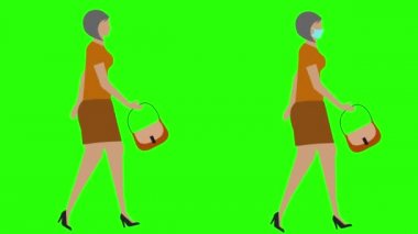 Yürüyen kadınlar kusursuz döngü, yüz maskesi versiyonu, yeşil ekran krom anahtar animasyonu, düz tasarım
