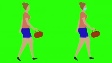 Yürüyen kadınlar kusursuz döngü, yüz maskesi versiyonu, yeşil ekran krom anahtar animasyonu, düz tasarım