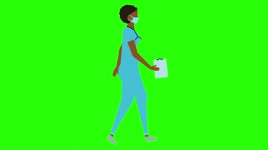 Kadın doktor yürüme döngüsü kusursuz döngü, yüz maskesi versiyonu, yeşil ekran anahtar animasyonu, düz tasarım