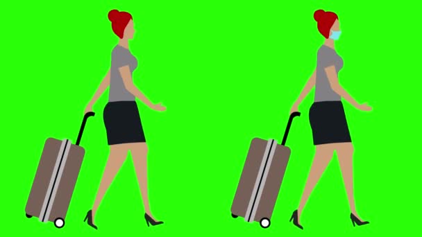 手推车行走循环无缝环路的妇女 面罩版本 绿色屏幕彩色键动画 平面设计 — 图库视频影像