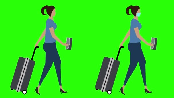 手推车行走循环无缝环路的妇女 面罩版本 绿色屏幕彩色键动画 平面设计 — 图库视频影像