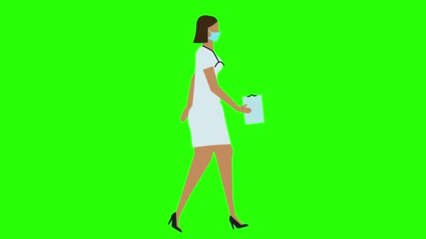 女医生行走循环无缝环路 面罩版本 绿色屏幕彩色键动画 平面设计 — 图库视频影像